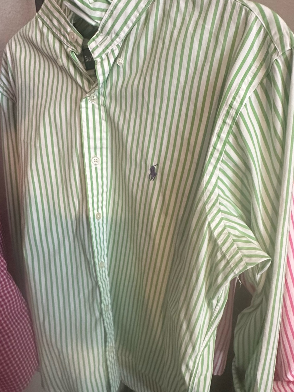 Upcycled Ralph Lauren Green and White Striped Button-Down Ruffled Collar Shirt